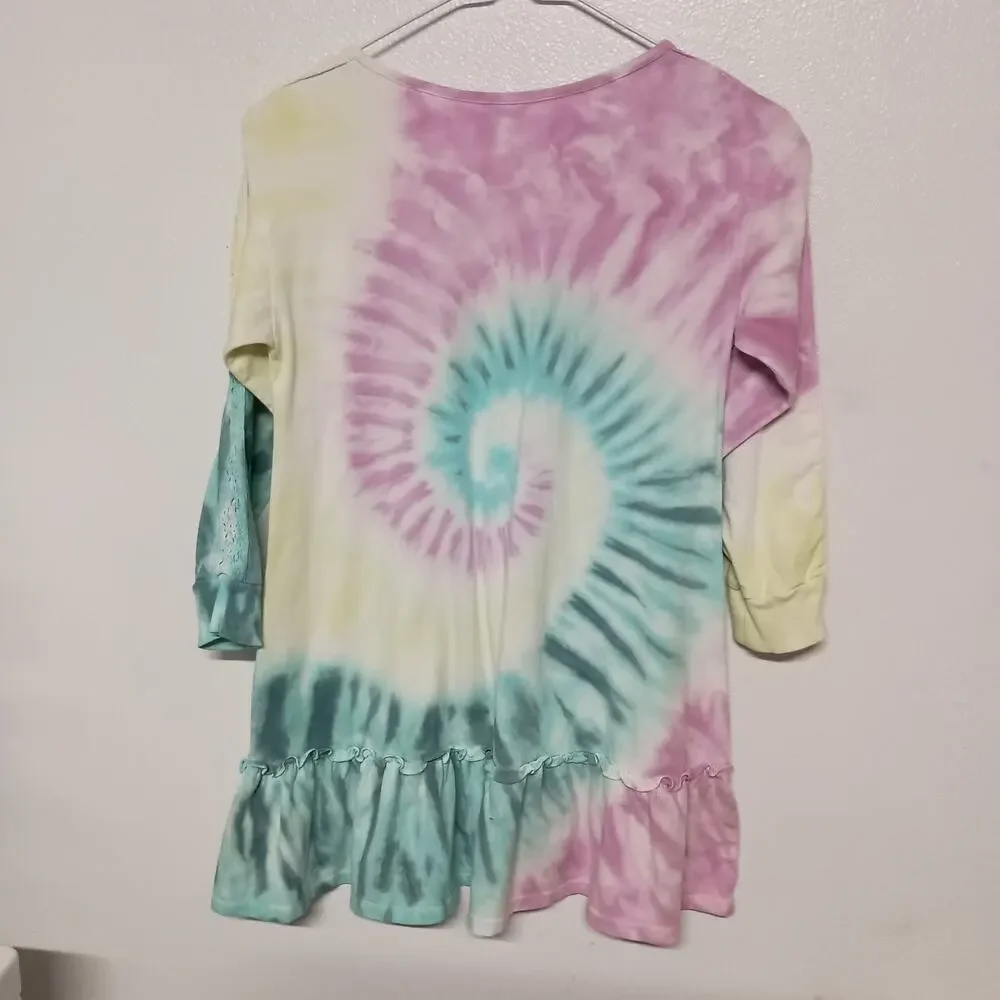 Justice Girls Tie Dye Dress Size S 7/8 Long Sleeve Crochet Lace Skater
